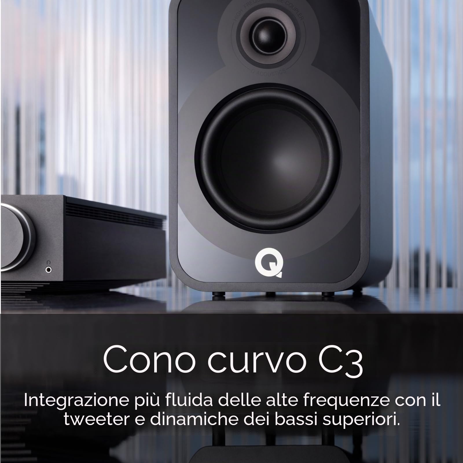 Q Acoustics 5020 Coppia di altoparlanti da scaffale nero satinato, driver 12,7 cm, tweeter 1", sistema stereo per home theater, audio surround per TV/giradischi