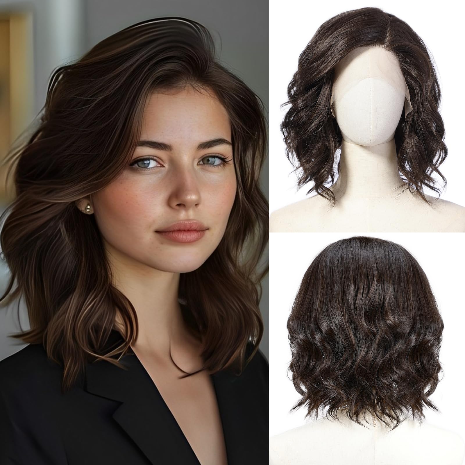 Amazon.com : starluck Side Part Wavy Wig Dark Brown Layered  display picture 1