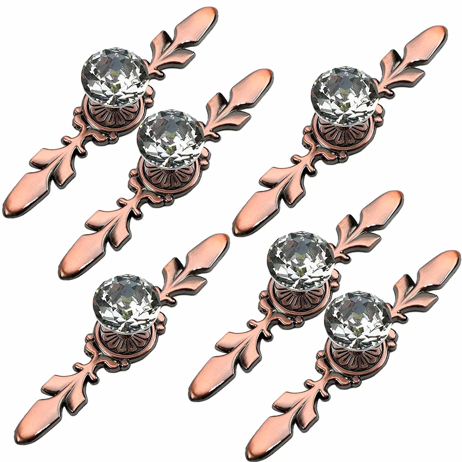 Frolahouse 6 Pcs Drawer Dresser Knobs Pull Handles - Crystal Glass Diamond Decorative Knobs with Red Bronze Plate(Length: 170mm), Cabinet Cupboard Door Knobs