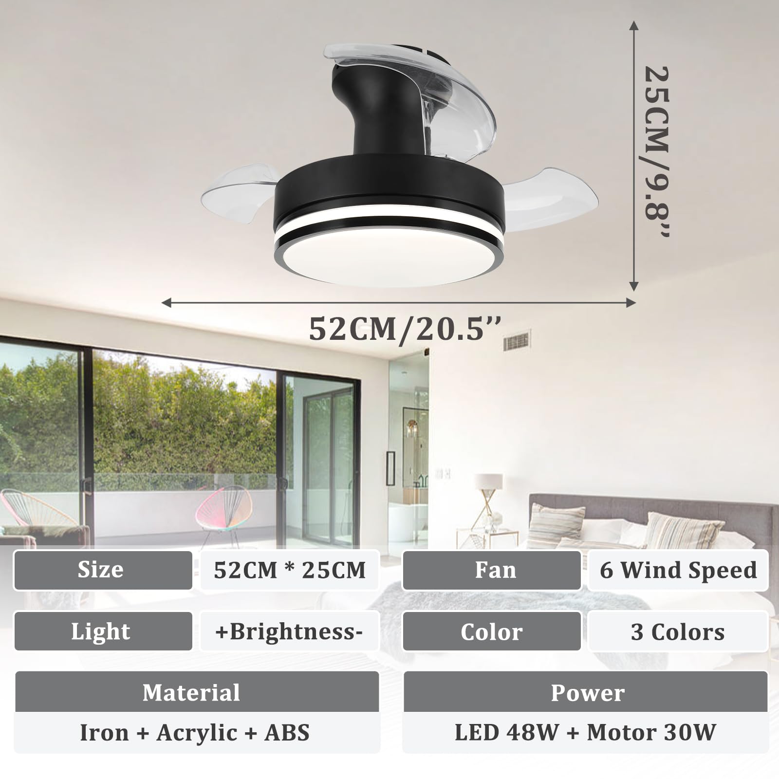 Ventilatore Da Soffitto Con Luce E Telecomando Silenzioso, Dimmerabile 3CCT( 3000K-6500K),Lampada Da Soffitto Con Ventilatore Regolabile 6 Velocità /Reversibili/Timer 1/2/4/8H/Memoria,da Camera, Cucina - 8
