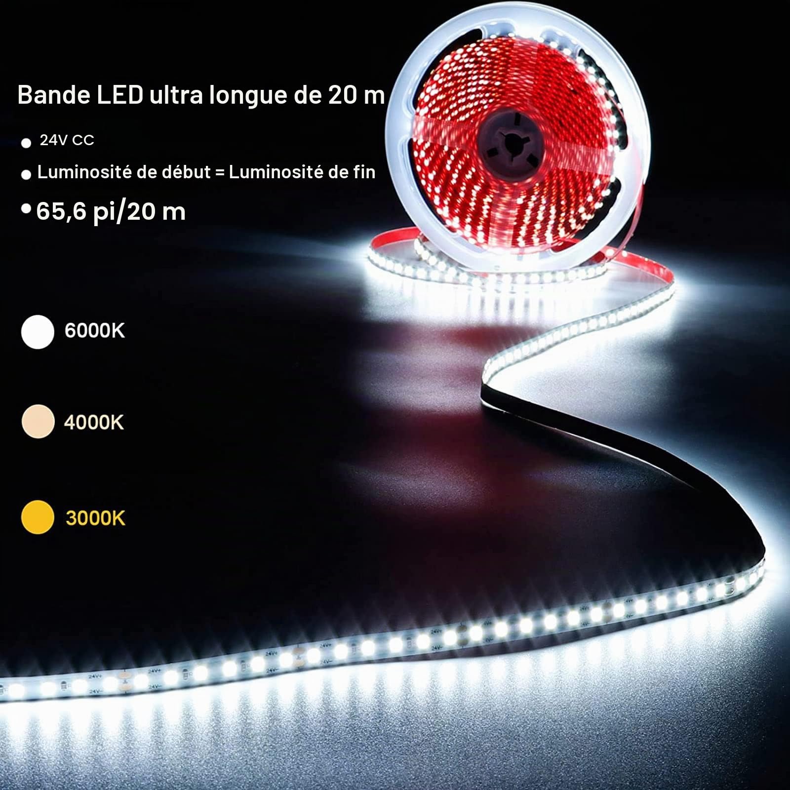 GOMING 24V 20M Ruban à LED Blanc Chaud 3000K Haute Densité 2400LED 2835SMD
