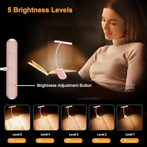 Gritin Rechargeable Book Light for Reading in Bed with 19 LED &Memory Function-Eye Caring 3 Color Temperatures,5 Brightness Levels,80 Hrs Runtime Flexible Goose Neck Clip on Light for Book Lovers(Pink)