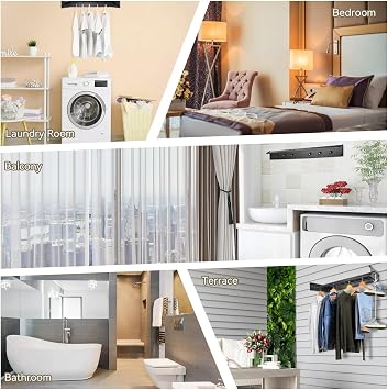 Wall Mounted Clothes Dryer, Space Saving Clothes Drying Rack with Additional Hooks, Foldable Laundry Clothes Dryer, Easy to Install, Retractable Drying Rack for Indoor & Outdoor, 80cm (Black)