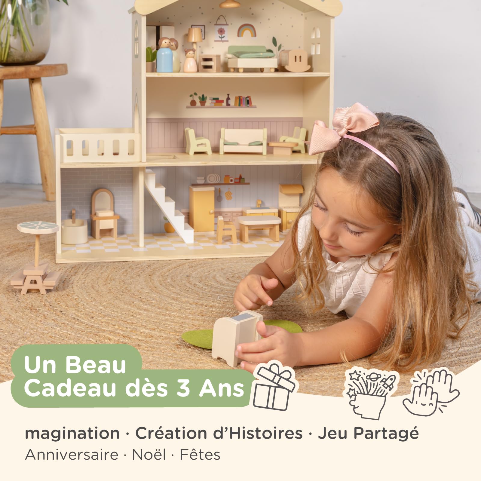 Nene Toys Maison de Poupée en Bois avec Meubles, 3 Étages, Dès 3 Ans