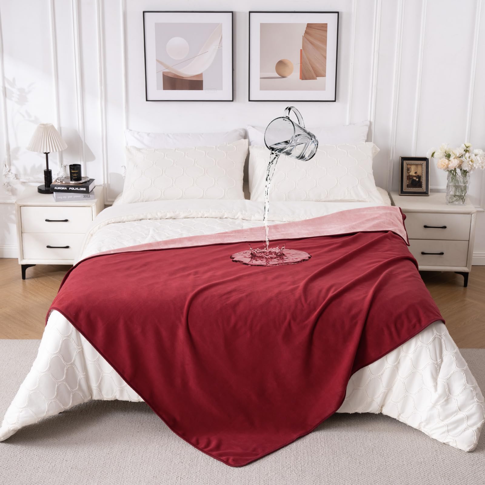 Qiyi Burgundy/Rose Pink Waterproof Blanket For Bed Couch Sofa, Washable Reversible Throw King Size, Leakproof Spill-Proof Mattress & Furniture Protector For Pets Dogs Cats, 150X200cm, /Pink