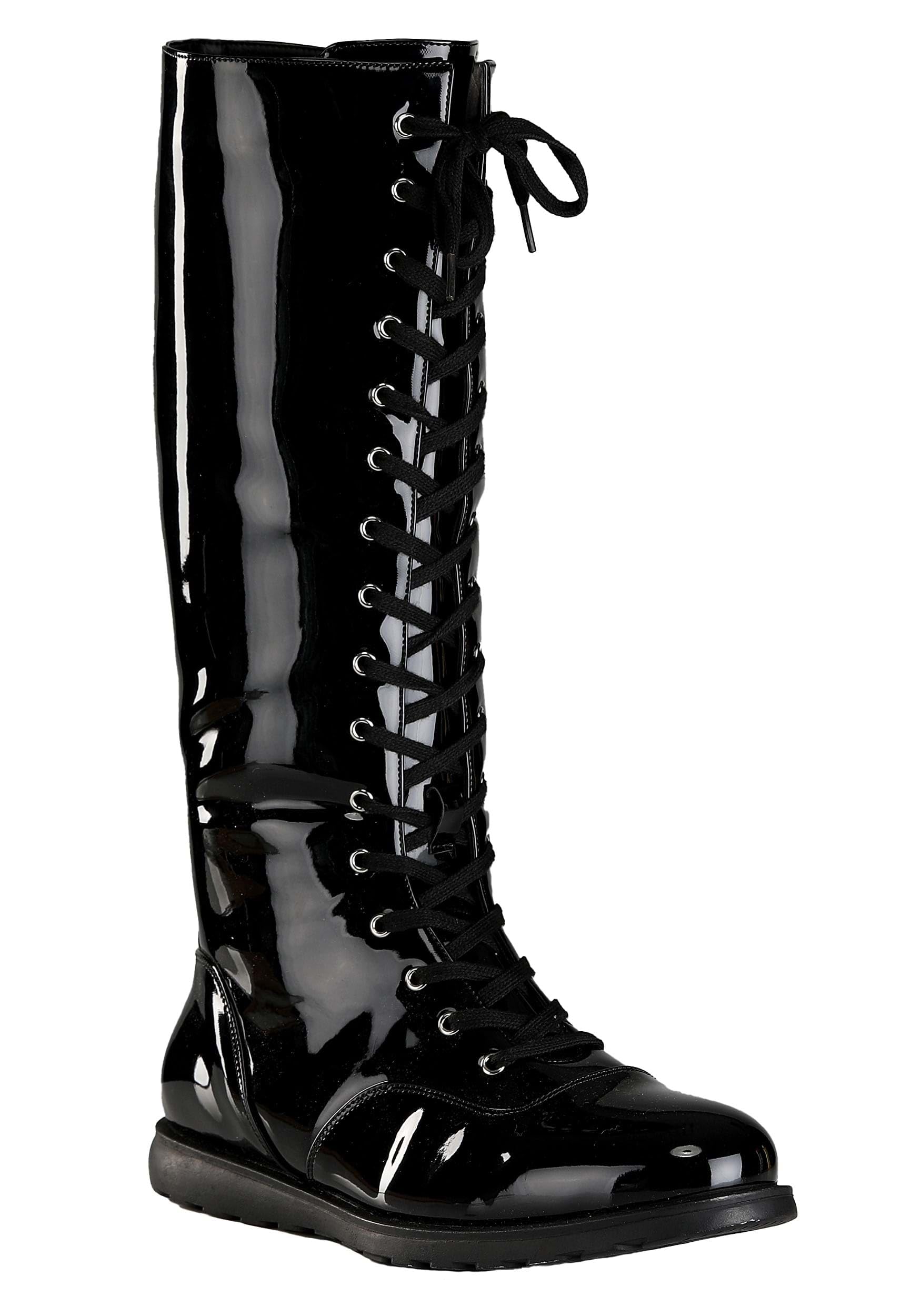Adult Black Wrestling Costume Boots - Faux Patent Leather, Zippers, Textured Rubber Soles, Polyester, Black, 9