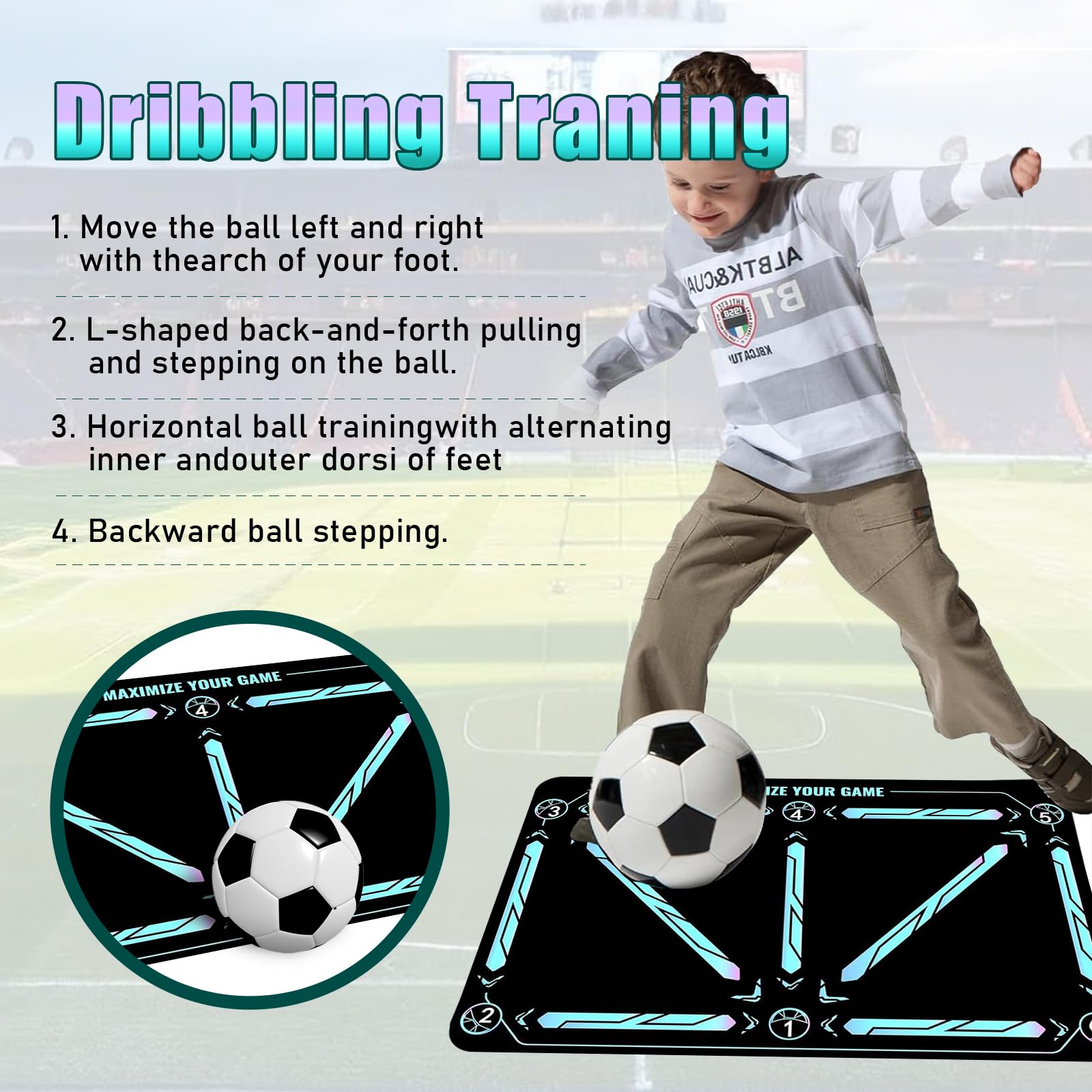 Fußballmatte Trainingsmatte Fussball Trainings set mit Fußball Trainingsset Schritt Trainingsmattem rutschfeste Fußball Schritt Trainingsmatte 60x90 cm Stoßdämpfende Fussball