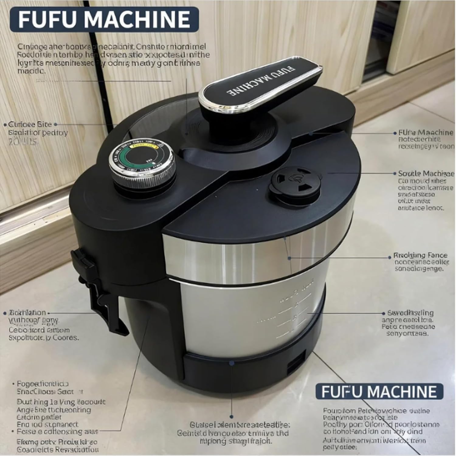 Machine à ignames pilonnée, transformateur alimentaire multifonctionnel de 1000W, acier inoxydable durable, fonctionnement sans effort, facile à nettoyer, idéal pour le fufu, cuisine africaine, sert 5