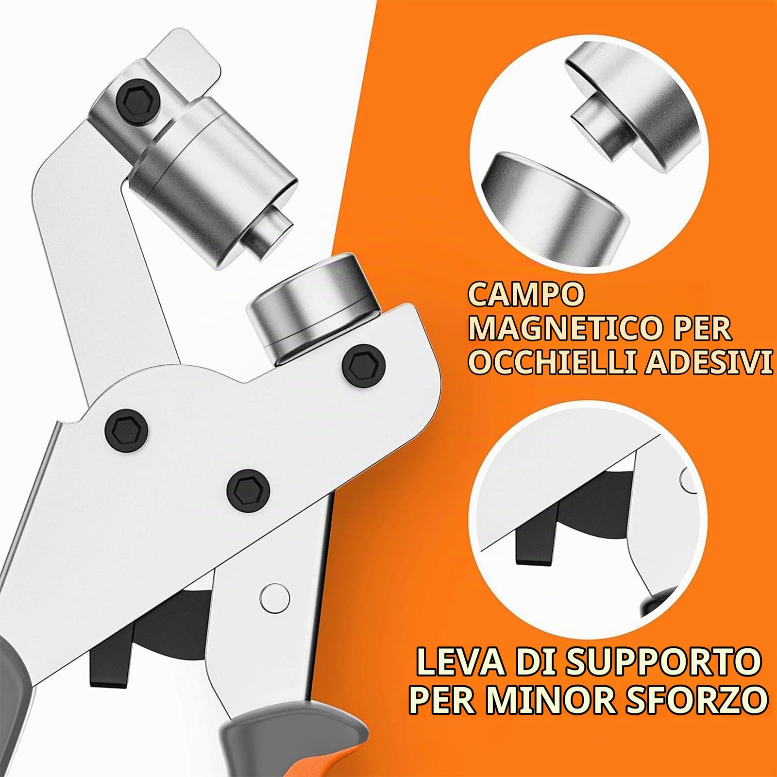 Occhielli per Teloni - Occhiellatrice per Teloni con Testa Intercambiabile, 400 Occhielli (200 Ø6mm e 200 Ø10mm), Pressa Magnetica per perforatrice, occhiellatore per Tessuti, Teloni, Cartone.