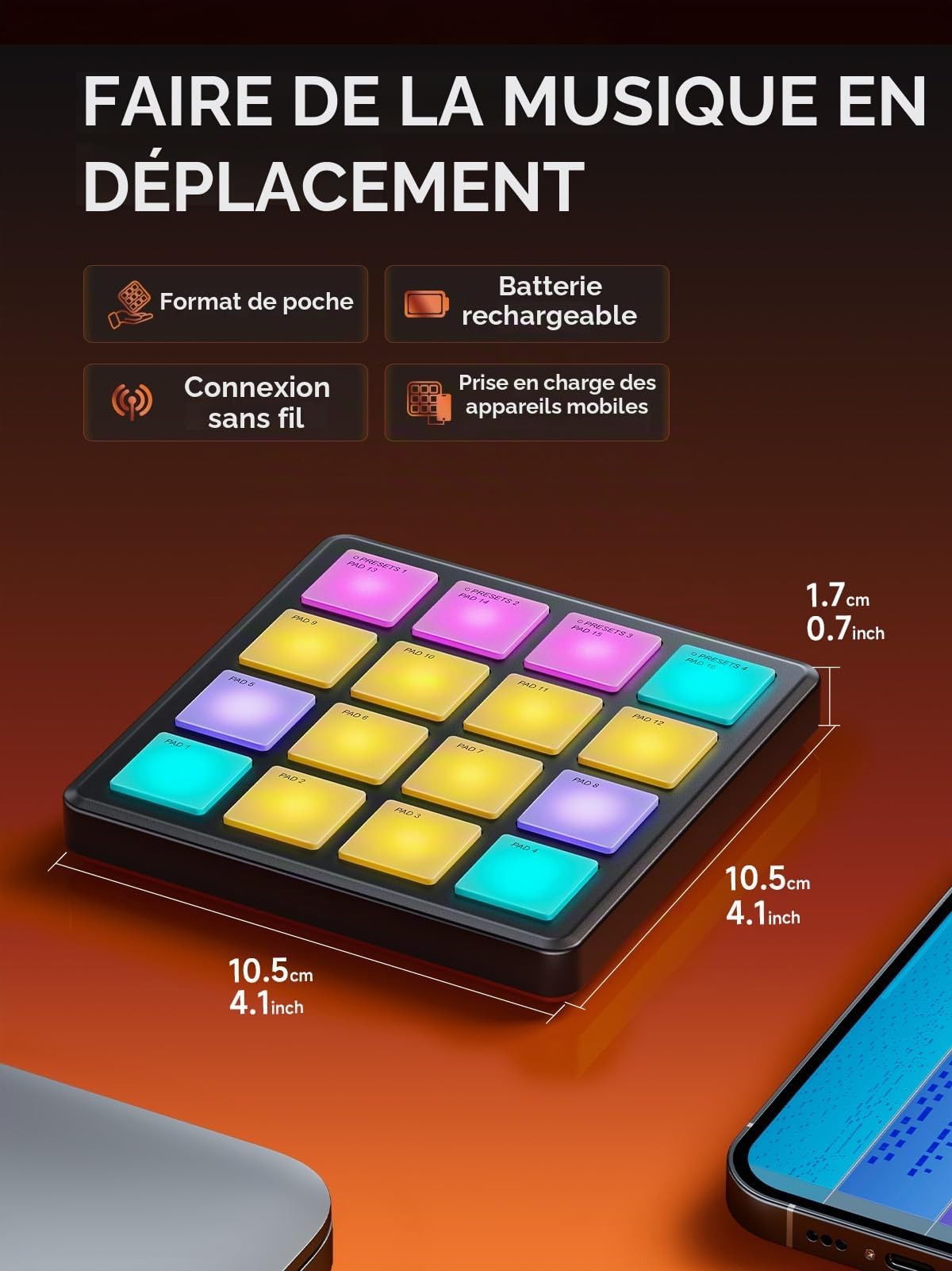 Donner Machine à Rythmes STARRYPAD MINI avec 16 Pads Rythmiques, Mini-Pad MIDI Portable, Répétition de Notes et Logiciel de Production Musicale inclus, Boîte à Rythmes avec 40 Pistes.