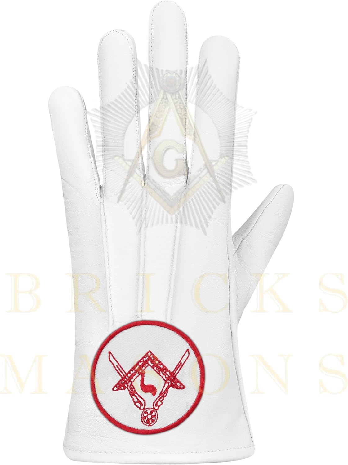 Bricks Masons White Leather Ceremonial Gloves for Formal Wear – Machine Embroidered, Button Closure, Small