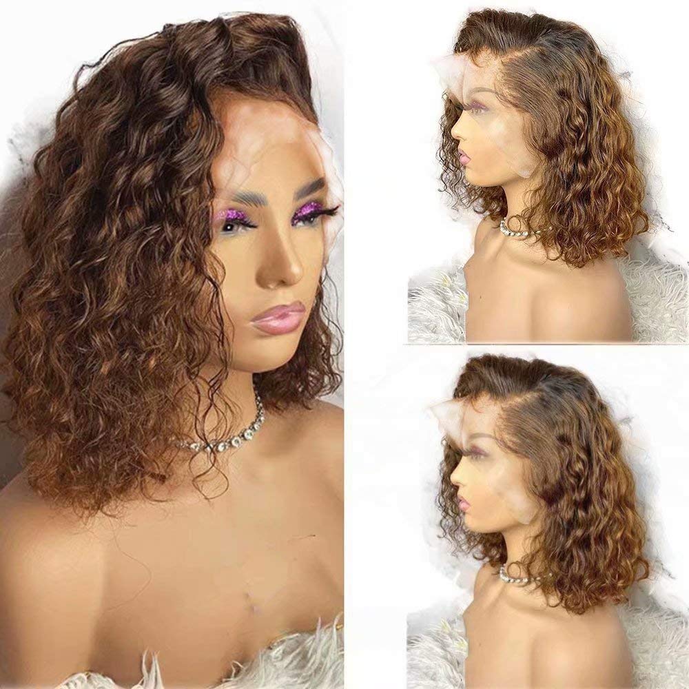 QUINLUX HAIR Ombre #4/30 Color Short Deep Wave Bob Wig Curly HD Transparent Lace Front Human Hair Wigs Pre plucked With Bleached Knots for Women 13X4 Remy Brazilian Lace Wigs Curly HD Lace Wigs 12"