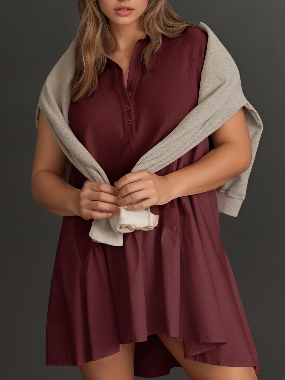 Fisoew Womens Summer Sweatshirt Dresses Short Sleeve V Neck Casual Oversized Patchwork Mini Dress - Image 6