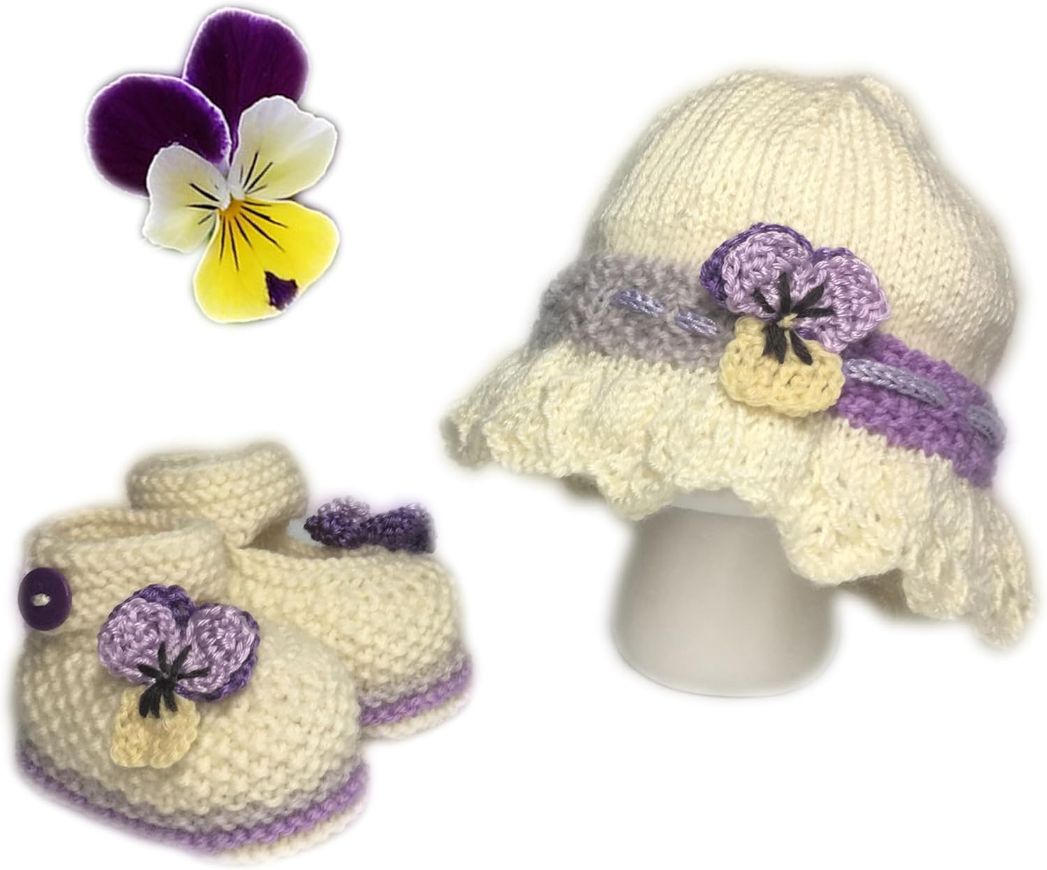Baby Girl 2-Piece Knit Clothing Gift Set Cream Lavender 6-9 Months 100% Handmade Luxury from Nature Knitting Studio (NKS)