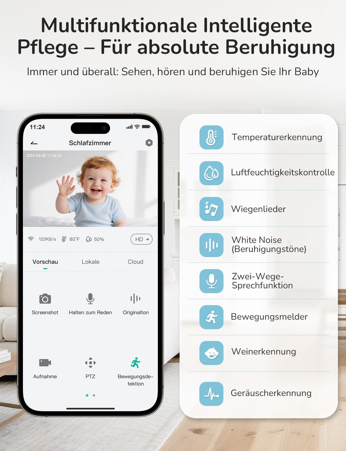 GHB Babyphone mit Kamera App WiFi 2K IPS 5 Zoll WLAN Babyphone PTZ 350°/65° VOX Bewegungs-/Geräusch-/Weinerkennung Nachtsicht 4 Zoom Nachtsich