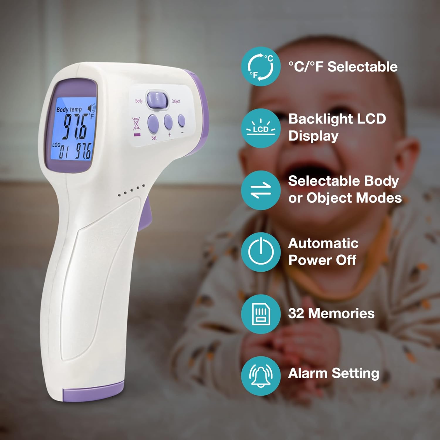 Diagram showing key features of the thermometer including C/F selectable, backlight LCD, body/object modes, auto power off, 32 memories, and alarm setting.