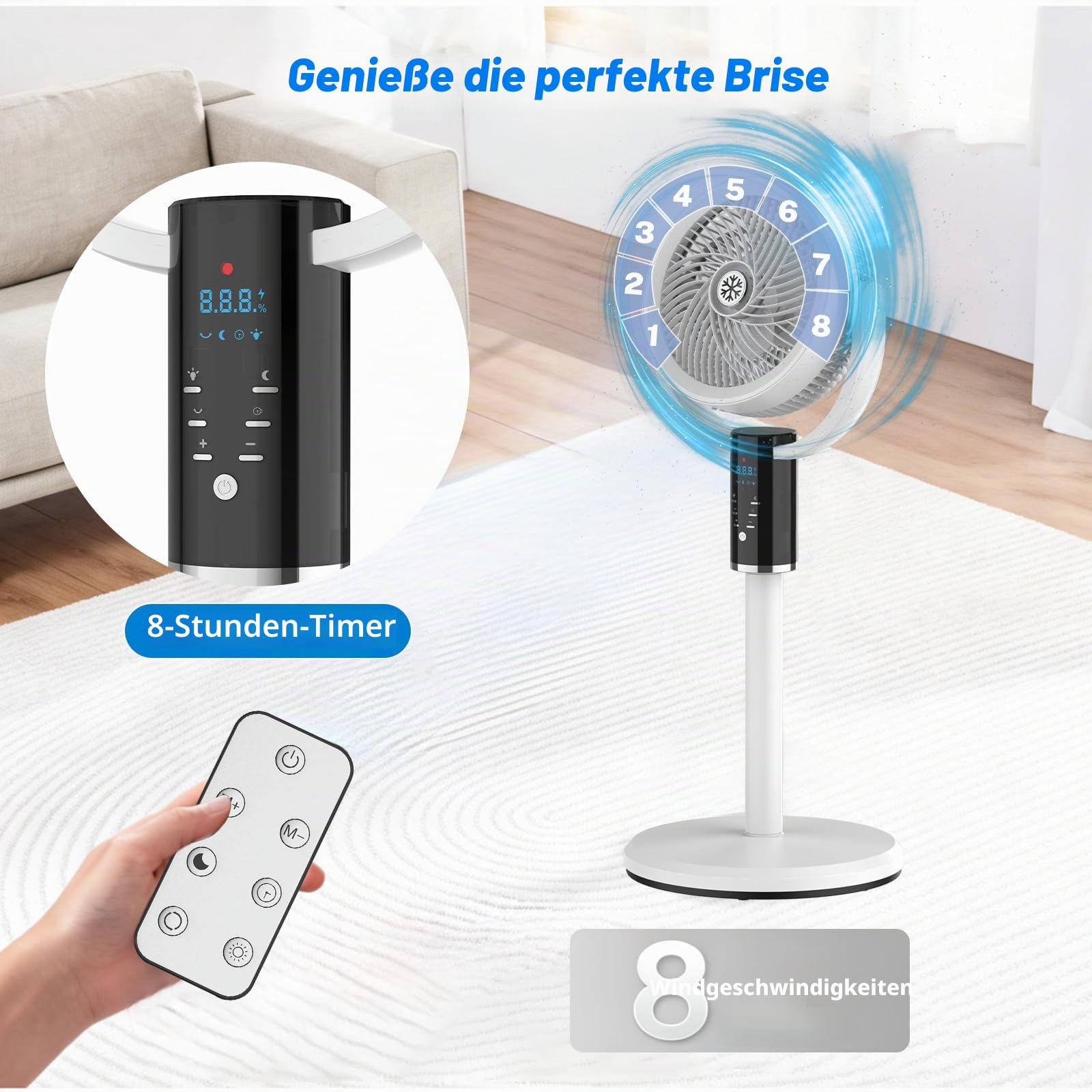WIWOLER Leiser Standventilator mit Fernbedienung, 3 Höhenverstellbarer Säulenventilator, 8 Geschwindigkeiten, 80° Oszillation, 8H Timer, LED-Display, 3-Stufen Nachtlicht, Für Schlafzimmer, Büro