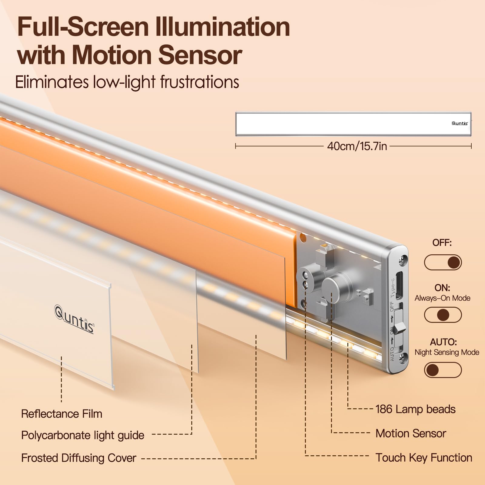 Quntis 40CM Luz LED Armario Magnética con Sensor Movimiento, 186 LED 3 Color 2500mAh Luces Led Cocina de Pantalla Completa, Luz Cocina Bajo Mueble para Armario Gabinete Pasillo Sótano,2 Piezas