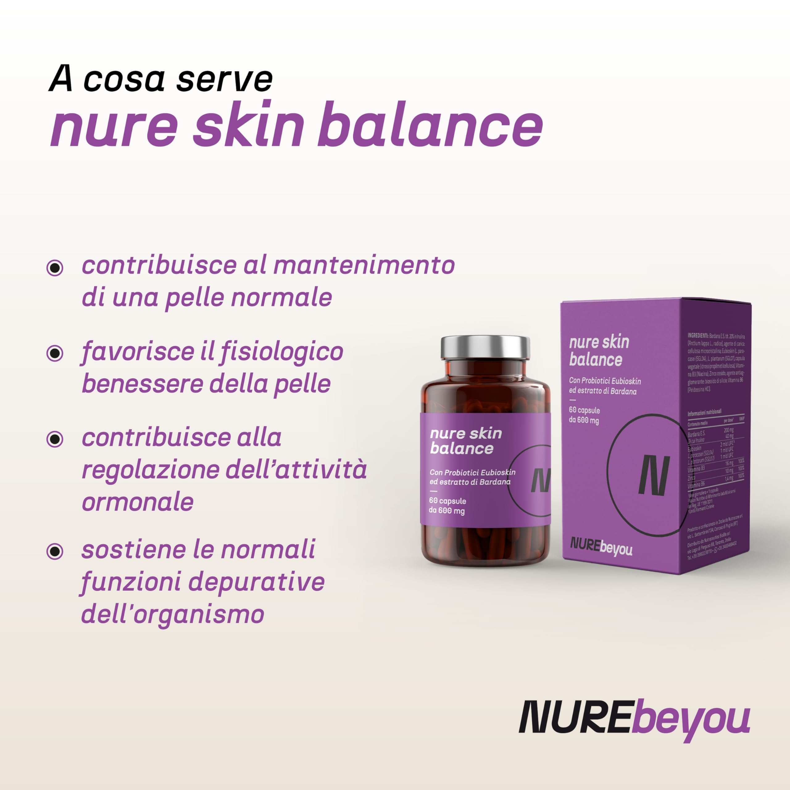 NURE Skin Balance 60 cps da 600 mg | Integratore pelle e acne | contiene zinco, vitamina b3 e b6, estratto di bardana, Eubioskin.