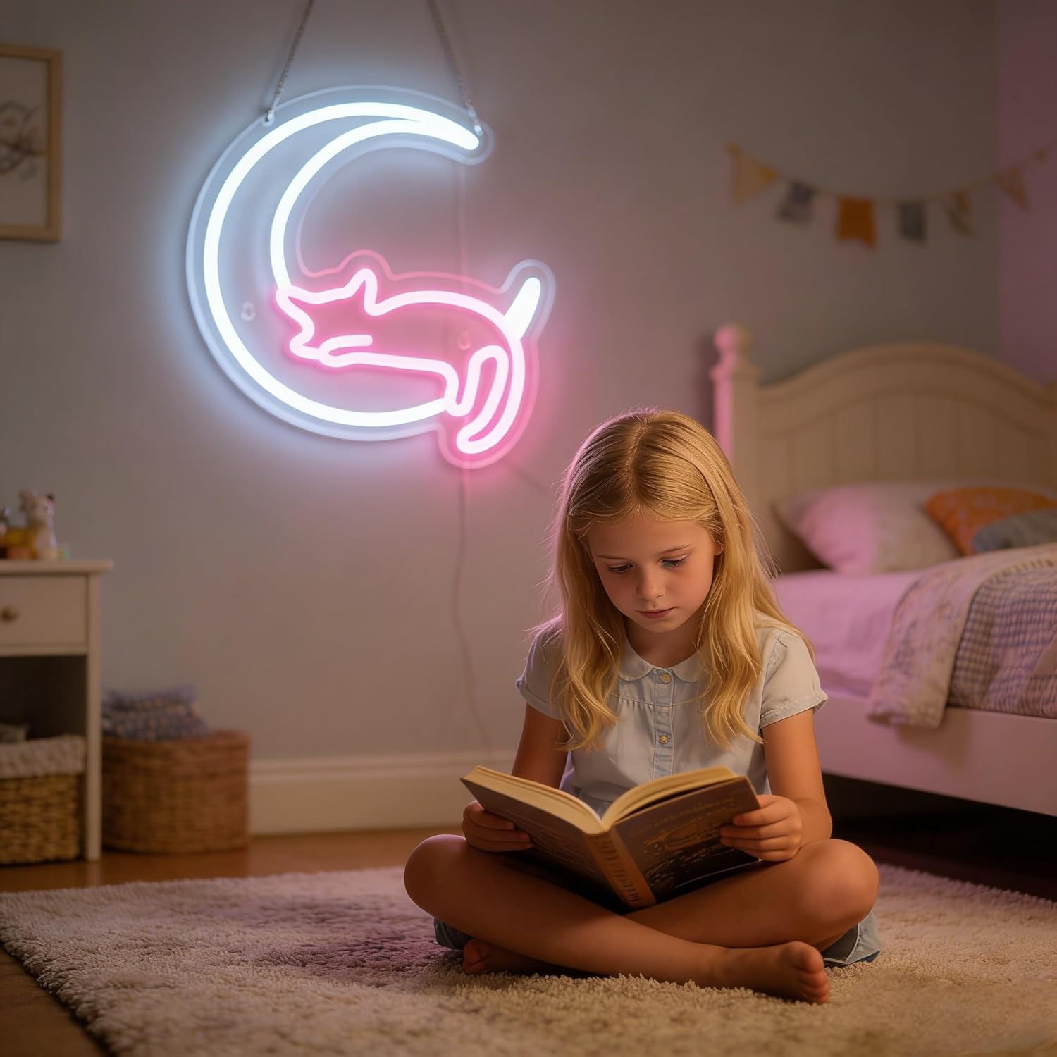 Moon Cat Neon Sign for Wall Decor USB Powered Five Oclock Dimmable Girls Room LED Lights Aesthetic Home Decoration
