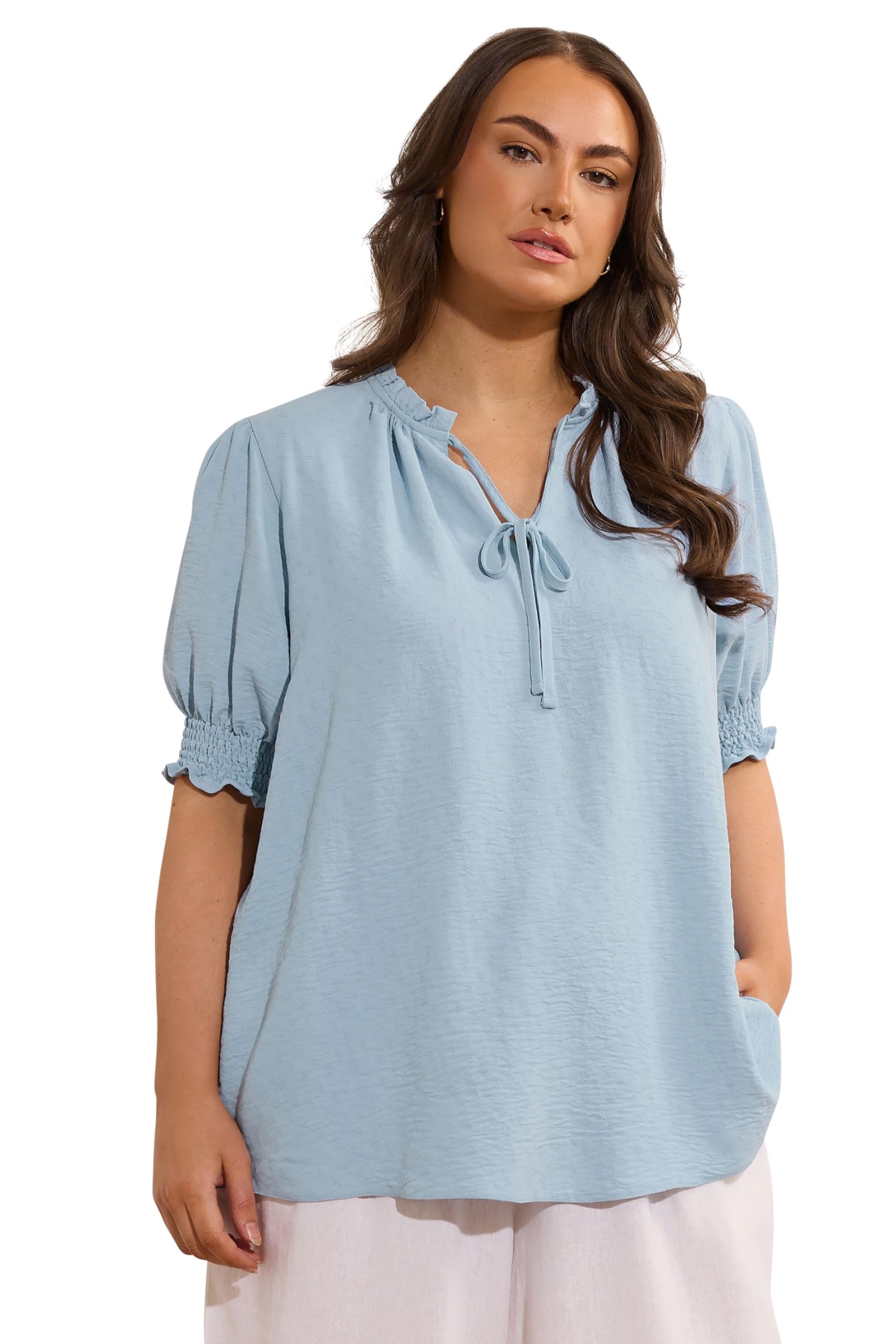 Evans Frilled Tie Neck Blouse - Light Blue - Short Sleeve - Women's Size 22-24