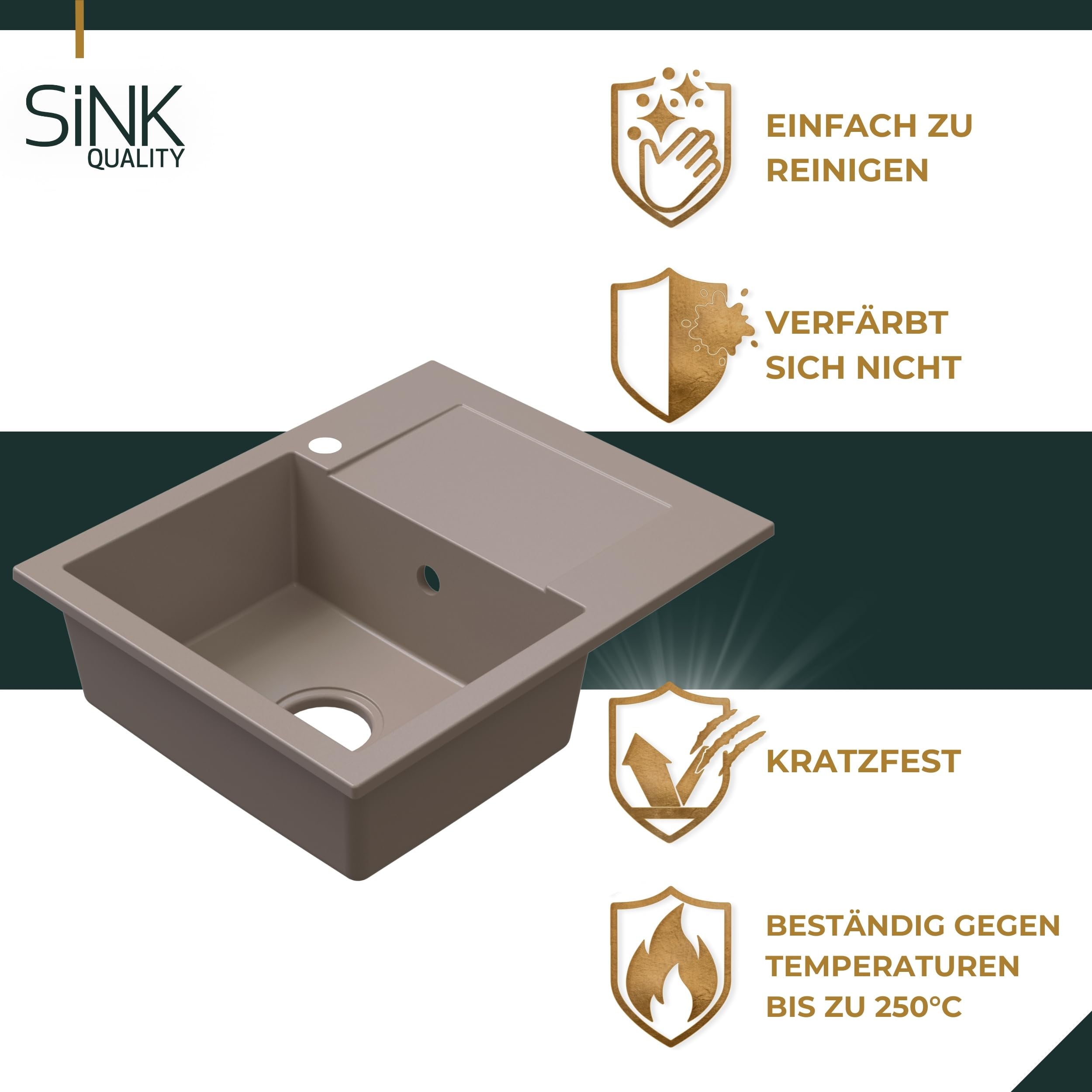 SINK QUALITY zlewozmywak granitowy beżowy z armaturą 58 x 47 - zlewozmywak z syfonem i środkiem impregnującym - zlewozmywak kuchenny beżowy z ociekaczem do szafki pod umywalkę 50