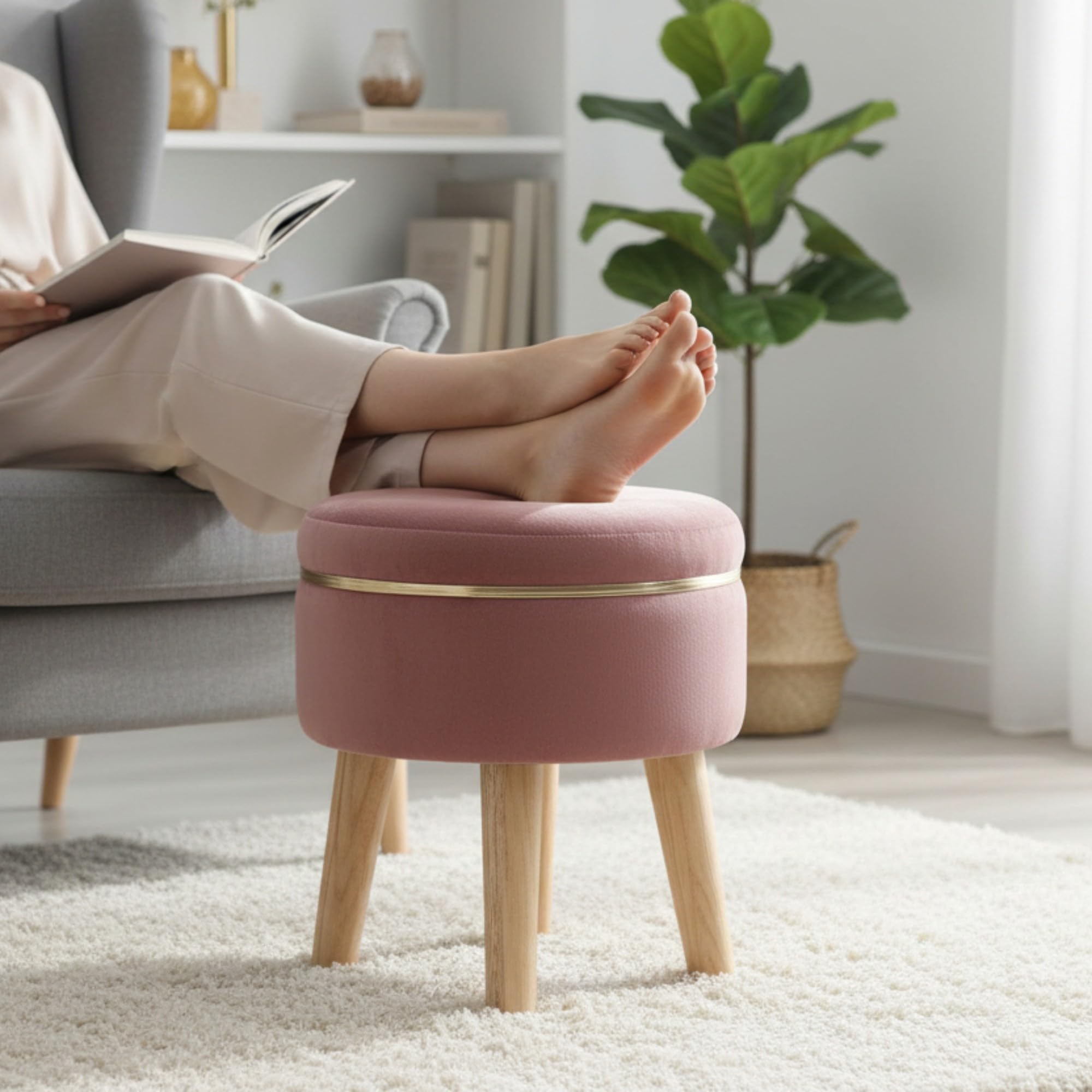 Ottoman Foot Rest | Velvet Small Ottoman Foot Stool | Solid Wood Legs & Golden Accent Ring | Footstool Puffy for Living Room Bedroom & Makeup Table| 30 x 30 cm (12 x 12 Inch) | Gajri