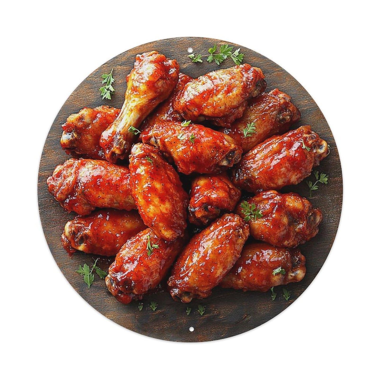 Chicken Wings Barbecue Sauce Herbs Retro Metal Sign Round Tin Sign, Vintage Decor Art Poster for Bar, Home, Man Cave, Kitchen, Laundry Room Gift 8x8Inch