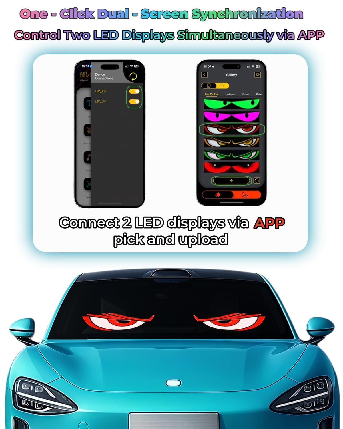 2 Stück Devil Eyes Light for LKW, Cars LED Auge Lichter (120*595mm) mit Fernbedienung & APP-Steuerung, benutzerdefiniertem Text, Animationen und Grafiken, LED-Augen für Autos/LKWs/SUVs/Wohnmobile
