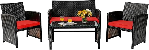 Tangkula Juego de muebles de ratán de 4 piezas, juego de conversación al aire libre con silla y sofá y mesa de centro de cristal templado, apto para