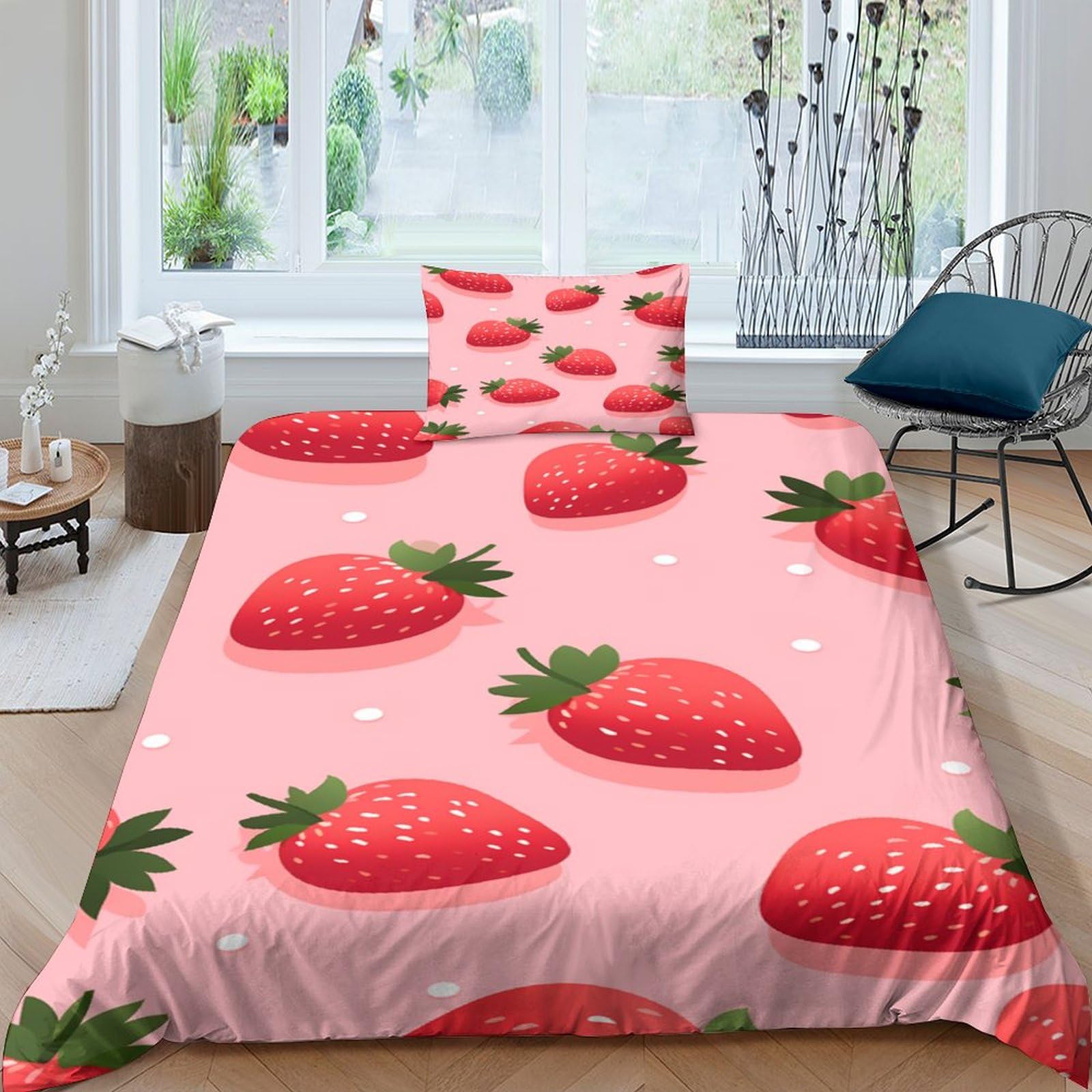 Housse de couette fraise linge de lit enfant microfibre parure de lit 2 pièces 135x200