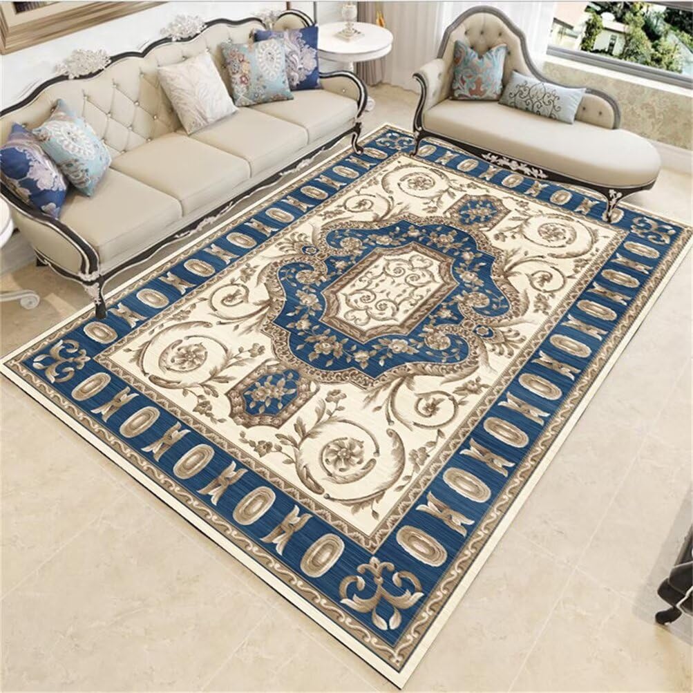 Tapis fille lavable et résistant 120x120cm à motif floral vintage bleu