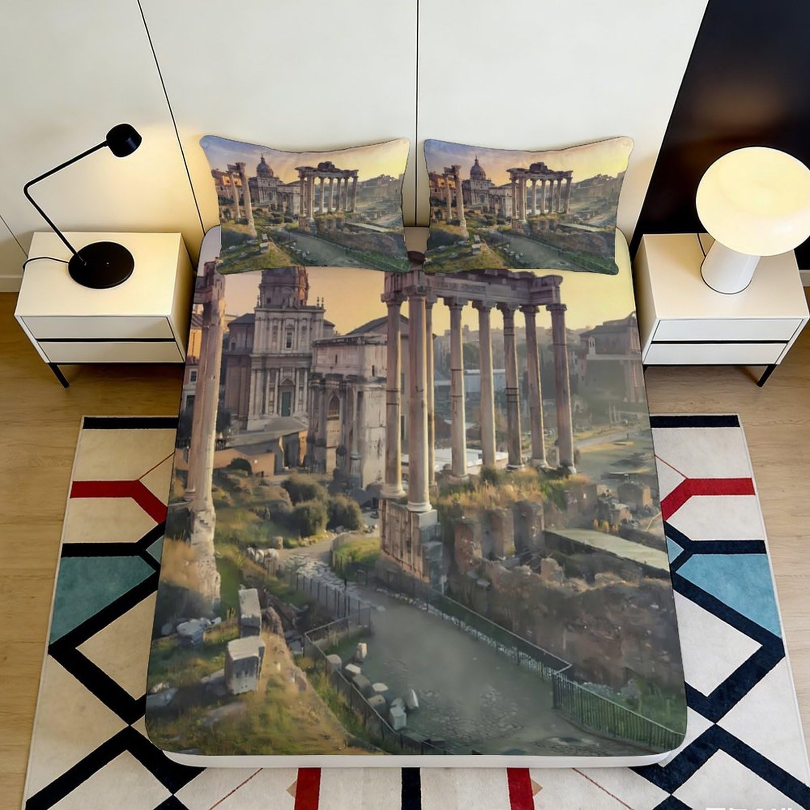 3D Printed Roman Ruins Fitted Sheet Microfiber Soft Breathable Ancient Temple Bed Cover for Bedroom Guest Room Decor 90x200x25cm