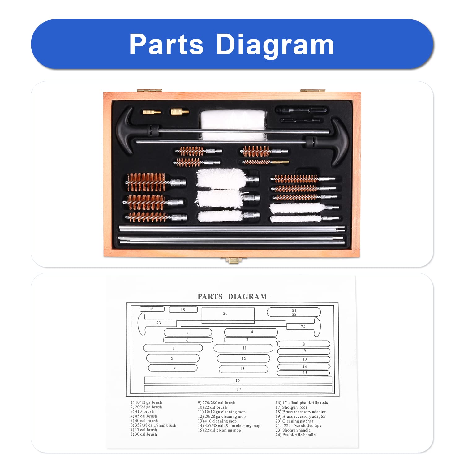 Fayelong Kit Pulizia Armi Universale Kit Pulizia Fucile Pistola per Tutti i Calibri 9x21 9x19/5.56mm 9mm/Calibro 12, Accessori per Fucili da Caccia con Custodia in Legno