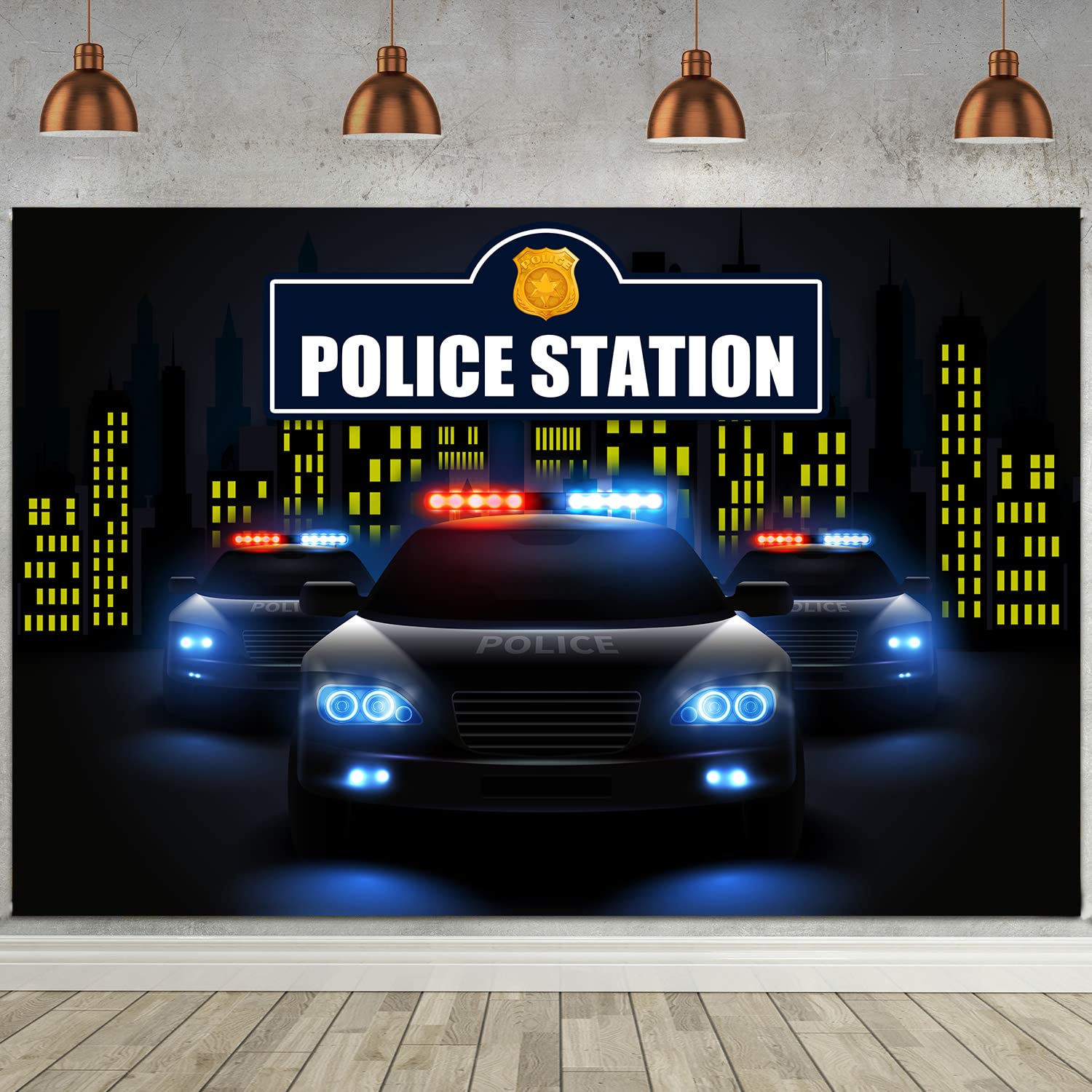 Condition photo showing As Is for police station party backdrop police car badge photography background fhzon black photo booth props banner birthday party supplies cake table decoration 7x5ft bjlsfh105