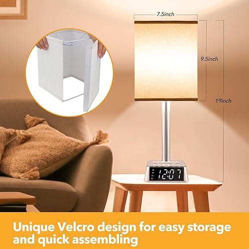Miniatura 3 de Yostyle Lámpara de mesa con 4 puertos USB y tomas de corriente alterna, base de reloj despertador con cable de extensión de 5 pies, pantalla