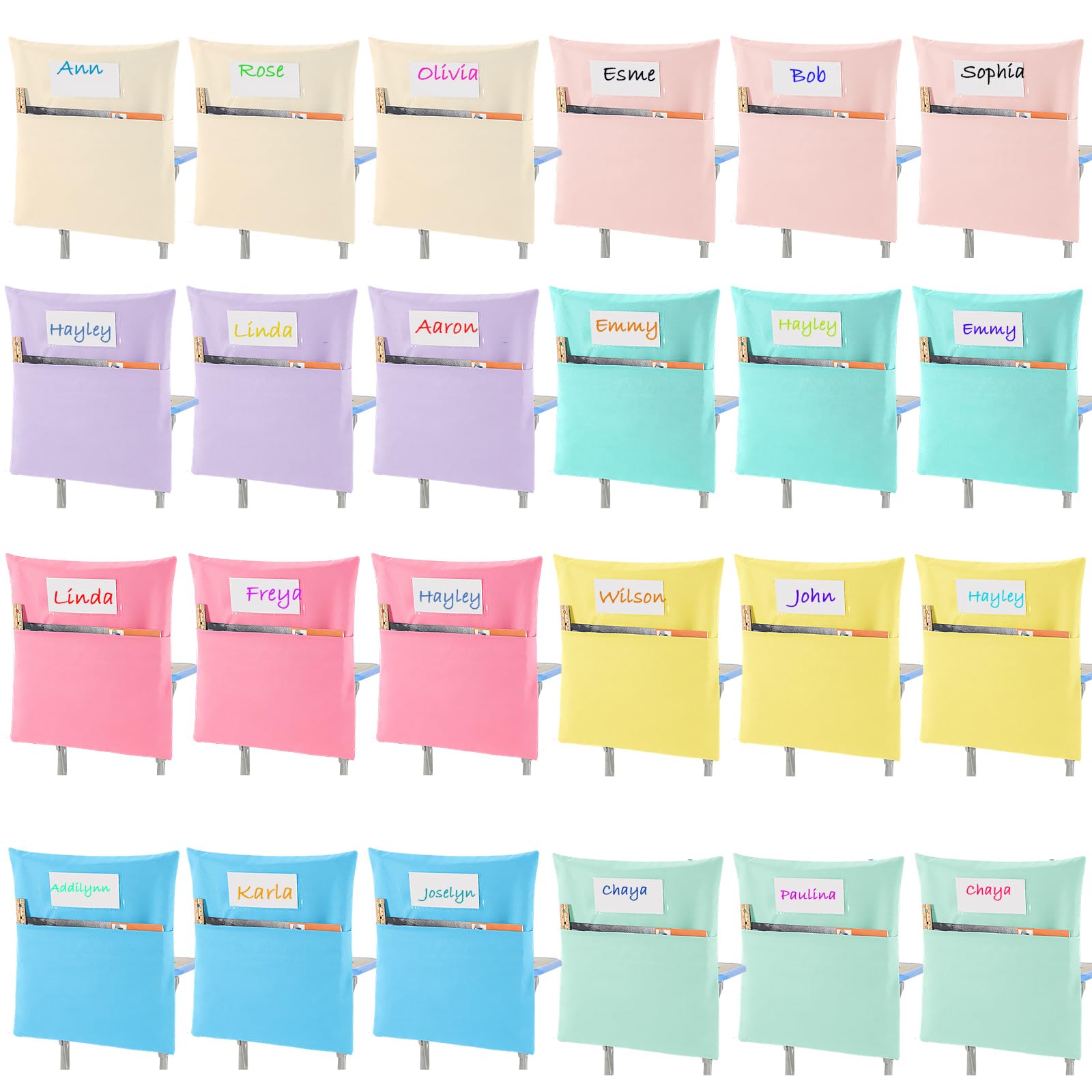 Xaatren 24 Pcs Small Chair Pockets for Classroom 14 Inch School Chairs Bag Chairback Buddy Seat Pocket Student Classroom Organizer with Name Tag for Primary School Chair up to 14'' Wide(Pastel Color)