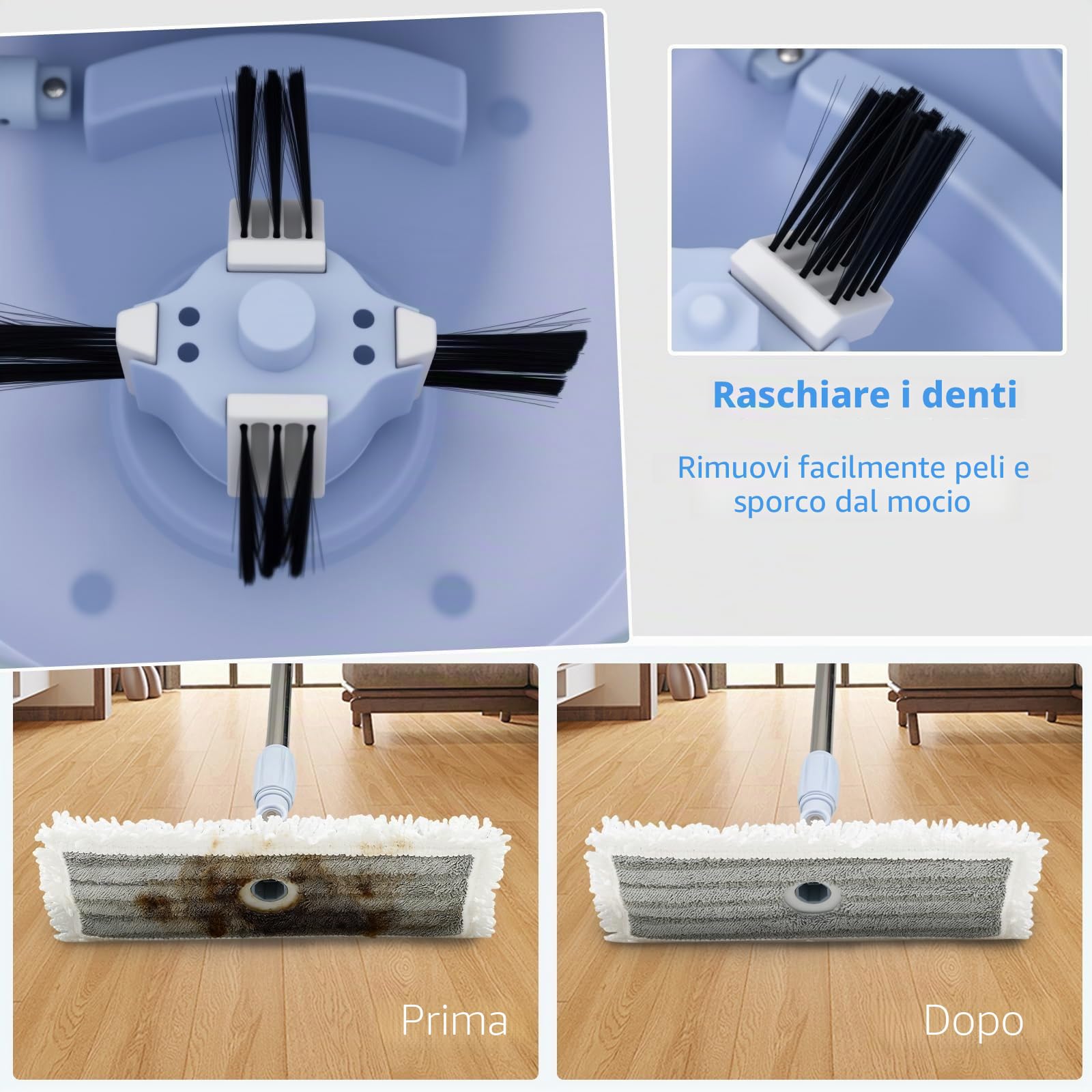 FANTASK Mocio e secchio, mocio e sistema a secchio, con funzione strizzatore, separazione delle acque reflue, testine rettangolari e rotonde a 360°, set completo per pulizia a umido e a secco (blu)