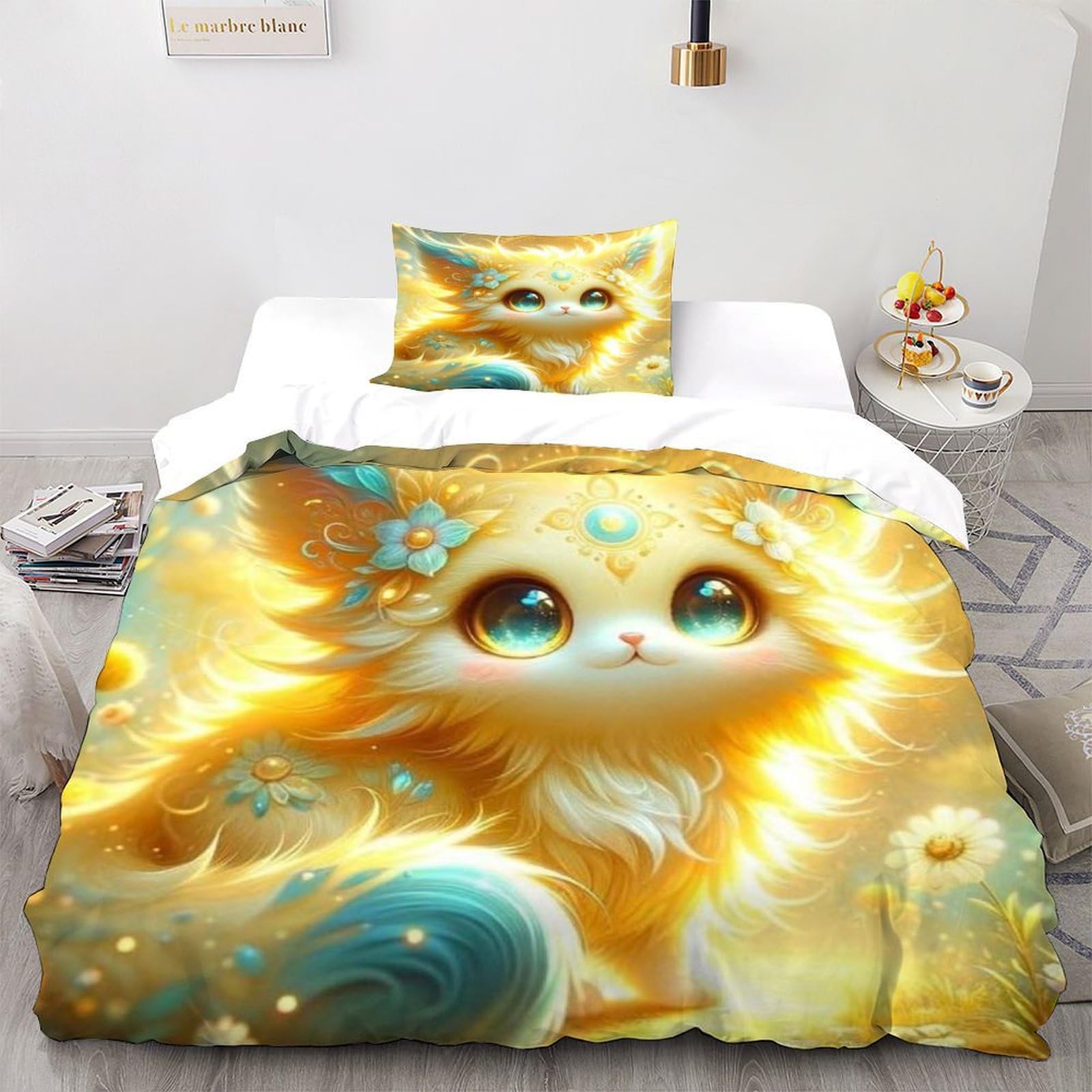 Housse de couette chat 135x200 cm avec sa taie d'oreiller en microfibre pour lit simple