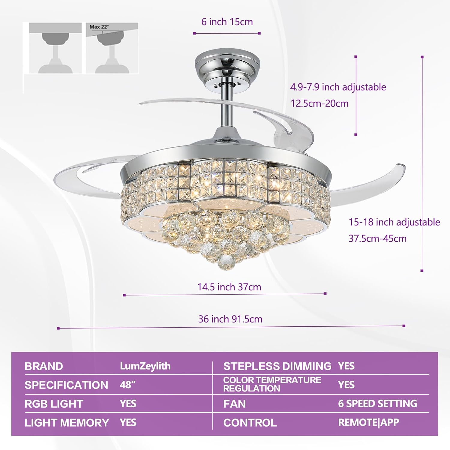 36" Retractable Crystal Ceiling Fan with Light, RGB Modern Fandelier 6 Speeds Reversible Blades Dimmable Chandelier Fan with Remote Silver