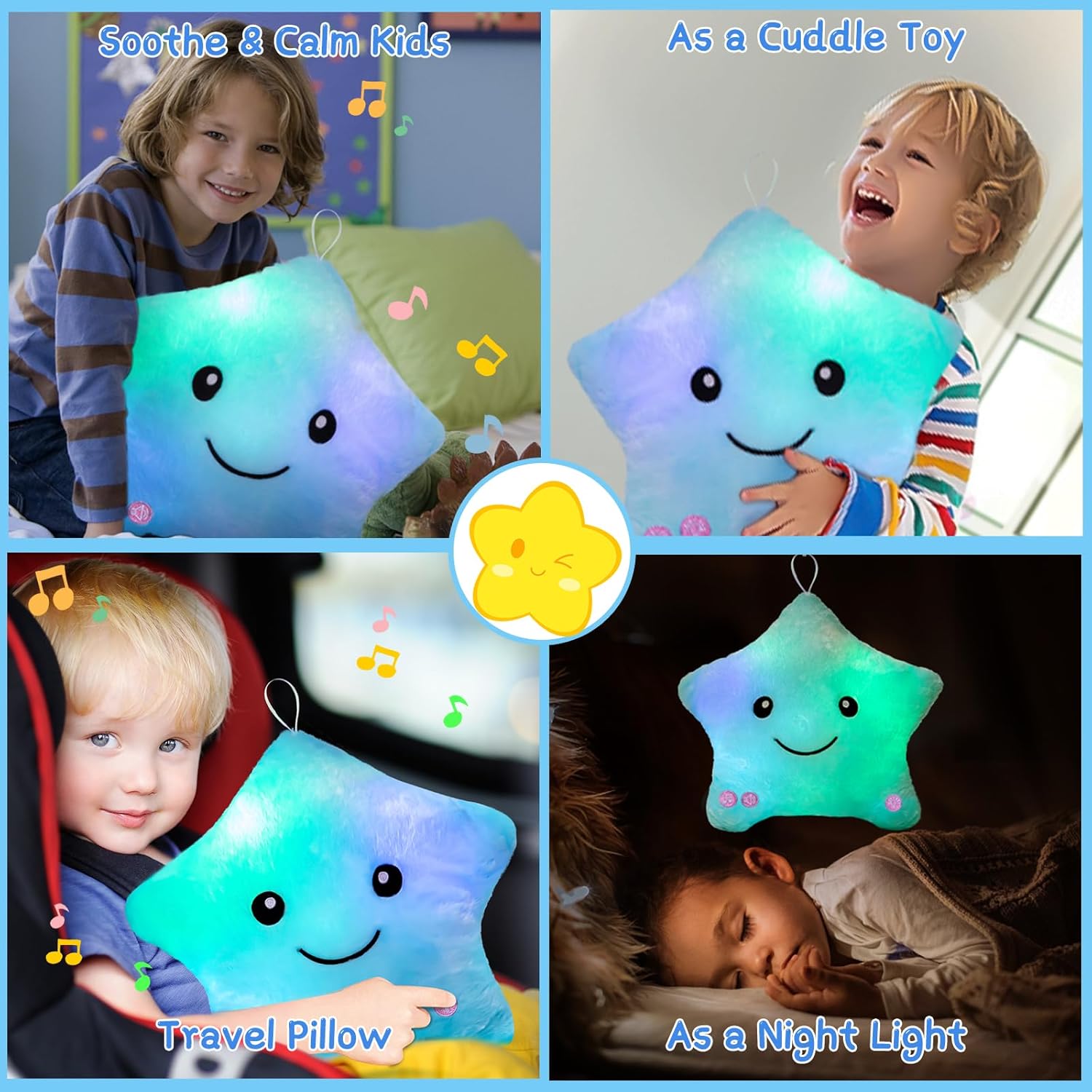 Subao Sensory Toys for Kids with Autism,14" Soft Toddler Pillow With Light &Music,Plush Star Night Light,Light Up Adhd Autism Sensory Products,Birthday Xmas Easter Gifts for Boys 3 4 5 6 7 8 9 10 Blue