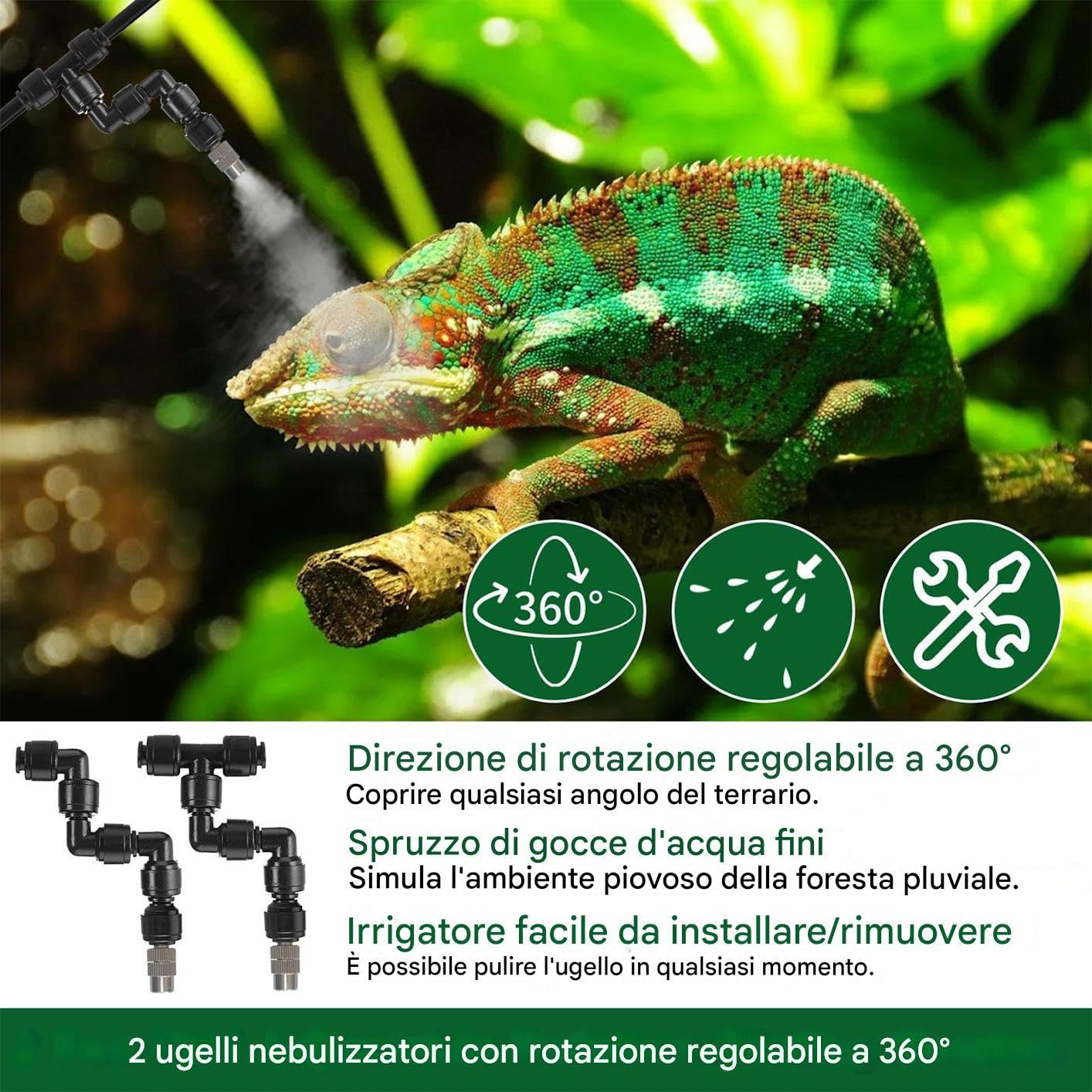 Umidificatore per Terrario - Umidificatore Automatico per Terrario con Timer | Nebulizzatore 360° Regolabile per Anfibi e Lucertole con Ugelli ad Aria