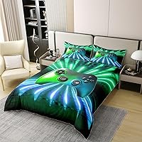 Vista 2 de Erosebridal Juego de ropa de cama con estampado de mando de videojuegos verde y azul, tamaño Queen, funda de edredón moderna para jugadores, juego