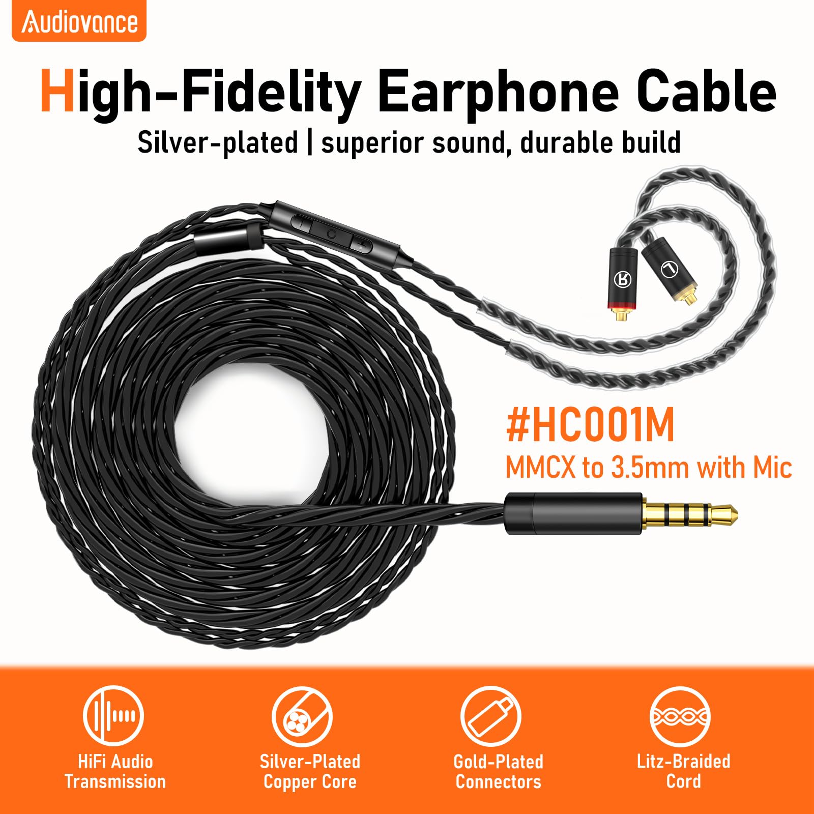 Premium HiFi IEM Cable with Mic – Silver-Plated 3.5mm to MMCX Cable - Lossless Sound for Shure SE215/315/425/535/846 & Vibes 201/202 - Tangle-Free in-Ear Monitor Cable - 55