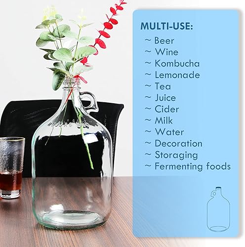Miniatura 5 de Jarra de vidrio de 1 galón (128 onzas), botellas de agua de vidrio con asa, jarras Growler incluye tapa de Polyseal de 1.496 in para Kombucha