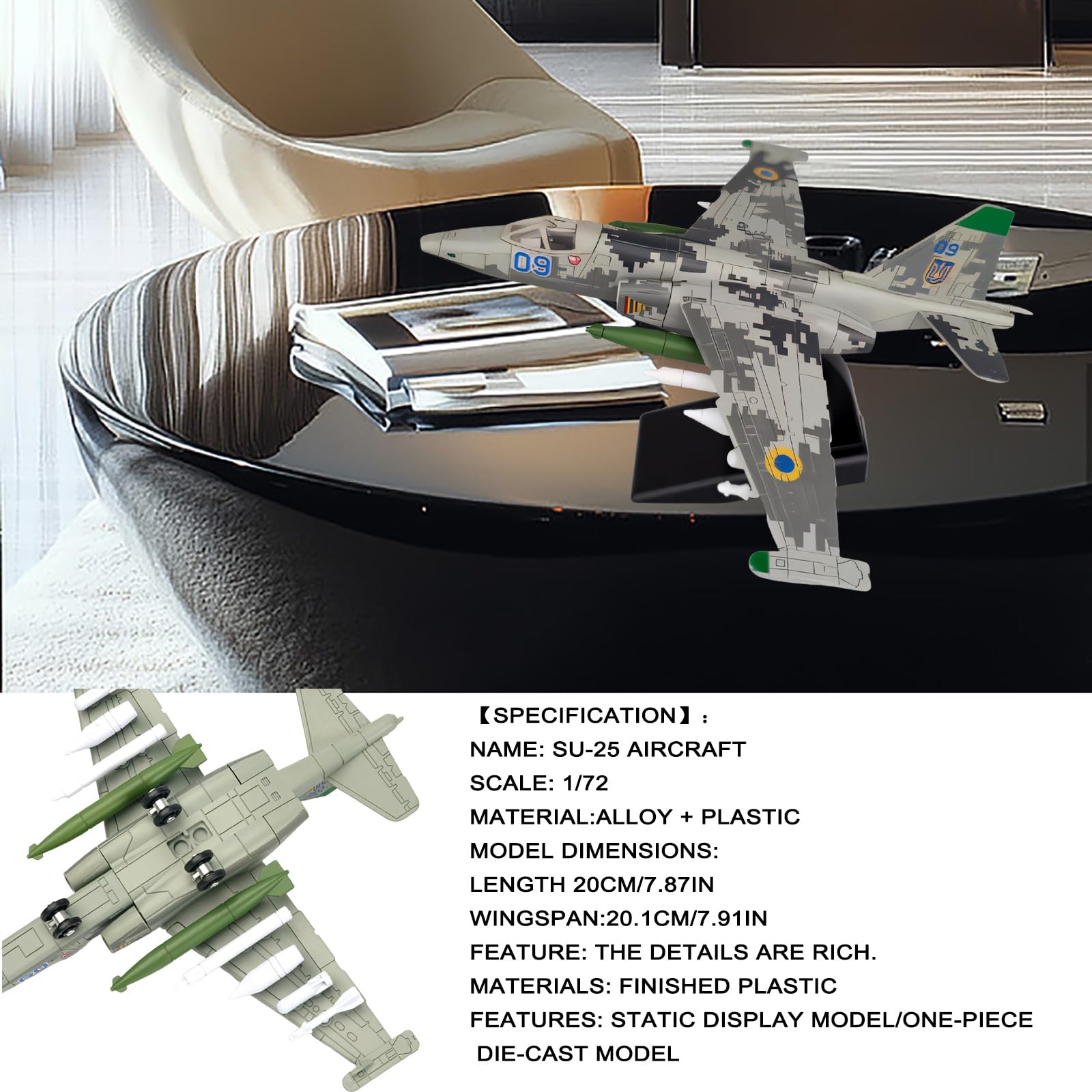 Modello aereo militare preassemblato Su-25 in scala 1:72 con espositore Regalo collezione perfetto for uomini, appassionati aviazione, espositore for decorazioni casa ufficio