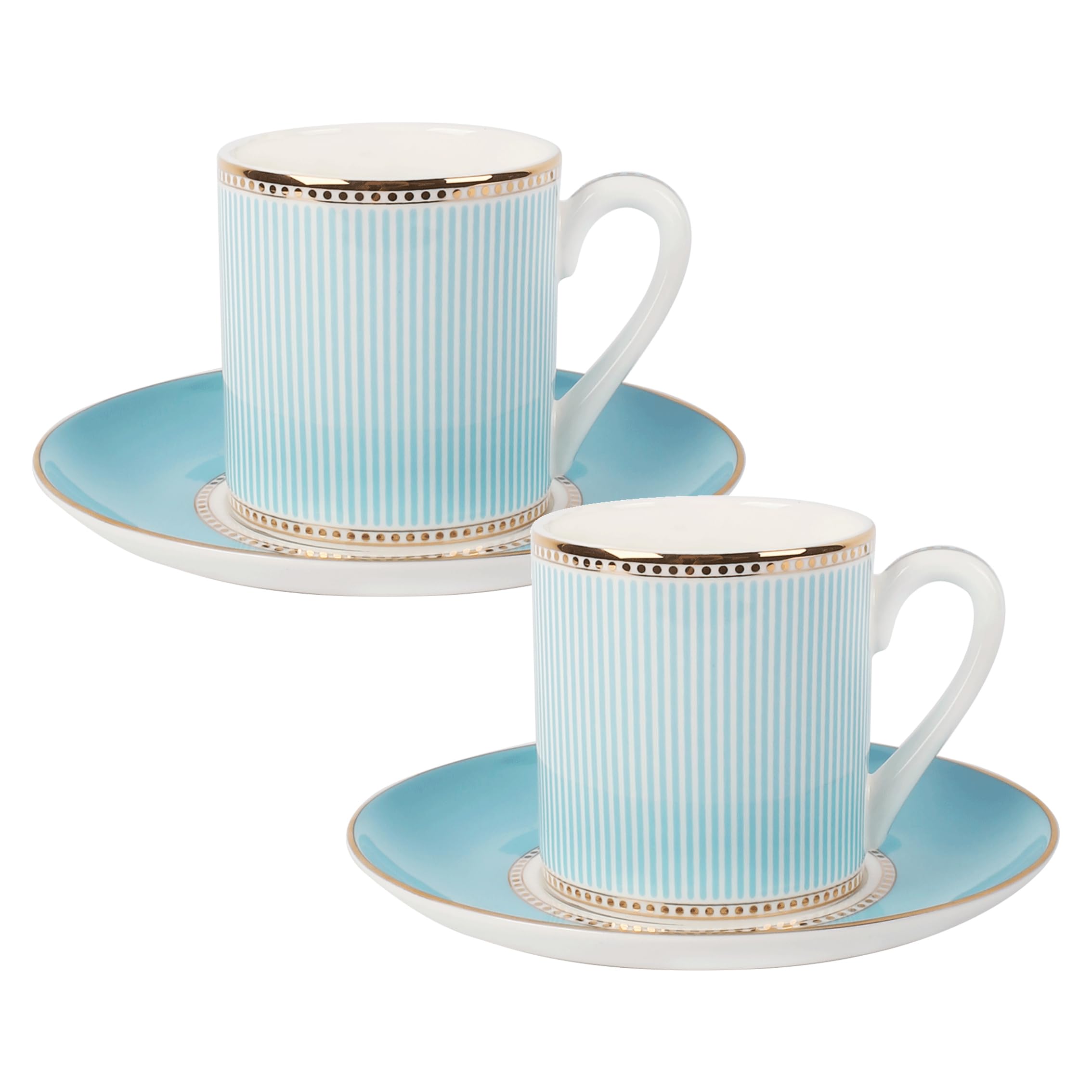 Coffee Cup and Saucer Sets - 7 Oz Bone China Glazed Lake Blue Gold edge Tea Cup and Saucer - Ideal for Women's Tea Party or Gift Giving (2 Pack)