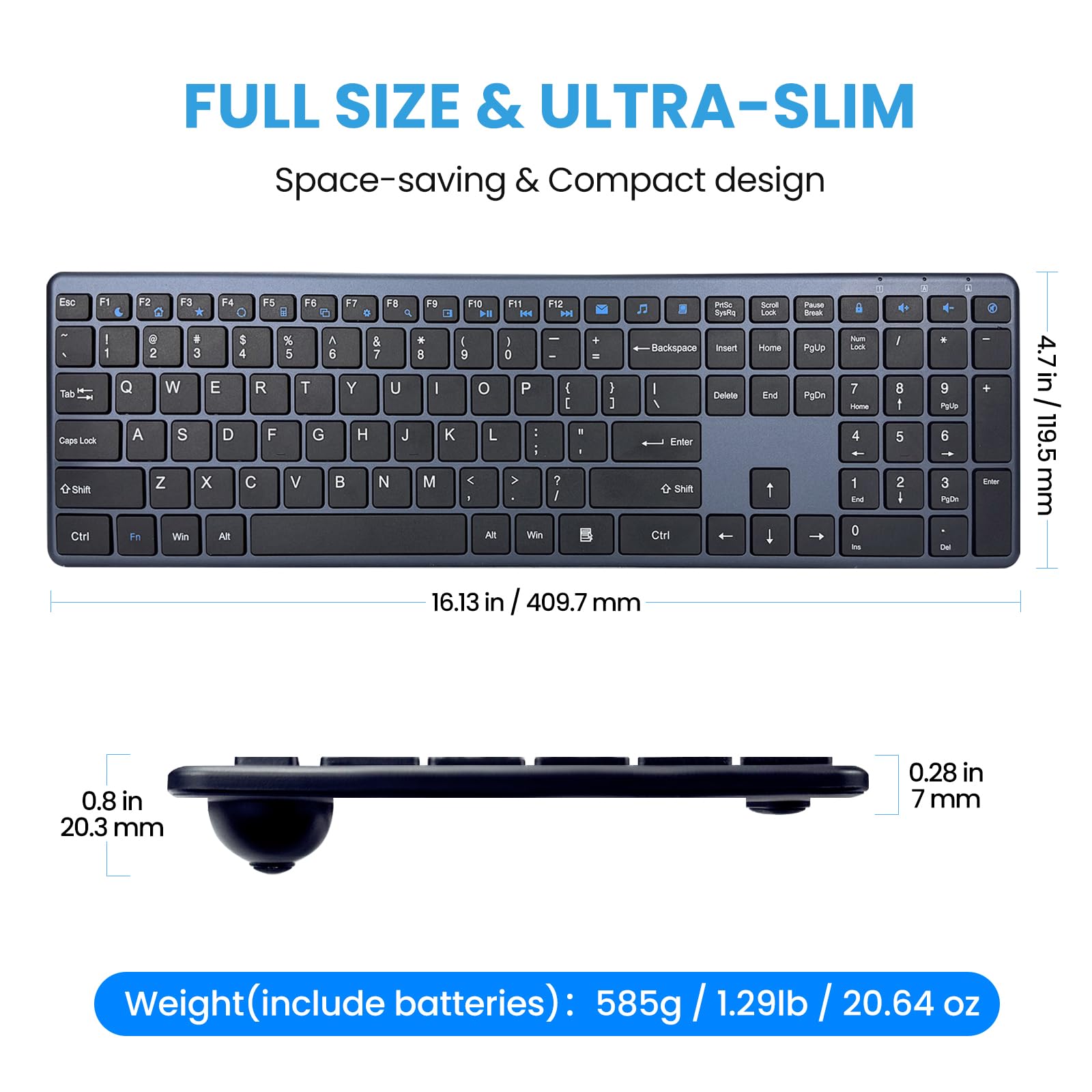 Tastiera wireless 2,4 G ultra sottile e silenziosa, tastiera USB per PC, 19 tasti multimediali, tastierino numerico, plug & play, Ergo senza ritardi, lunga durata della batteria per desktop, laptop