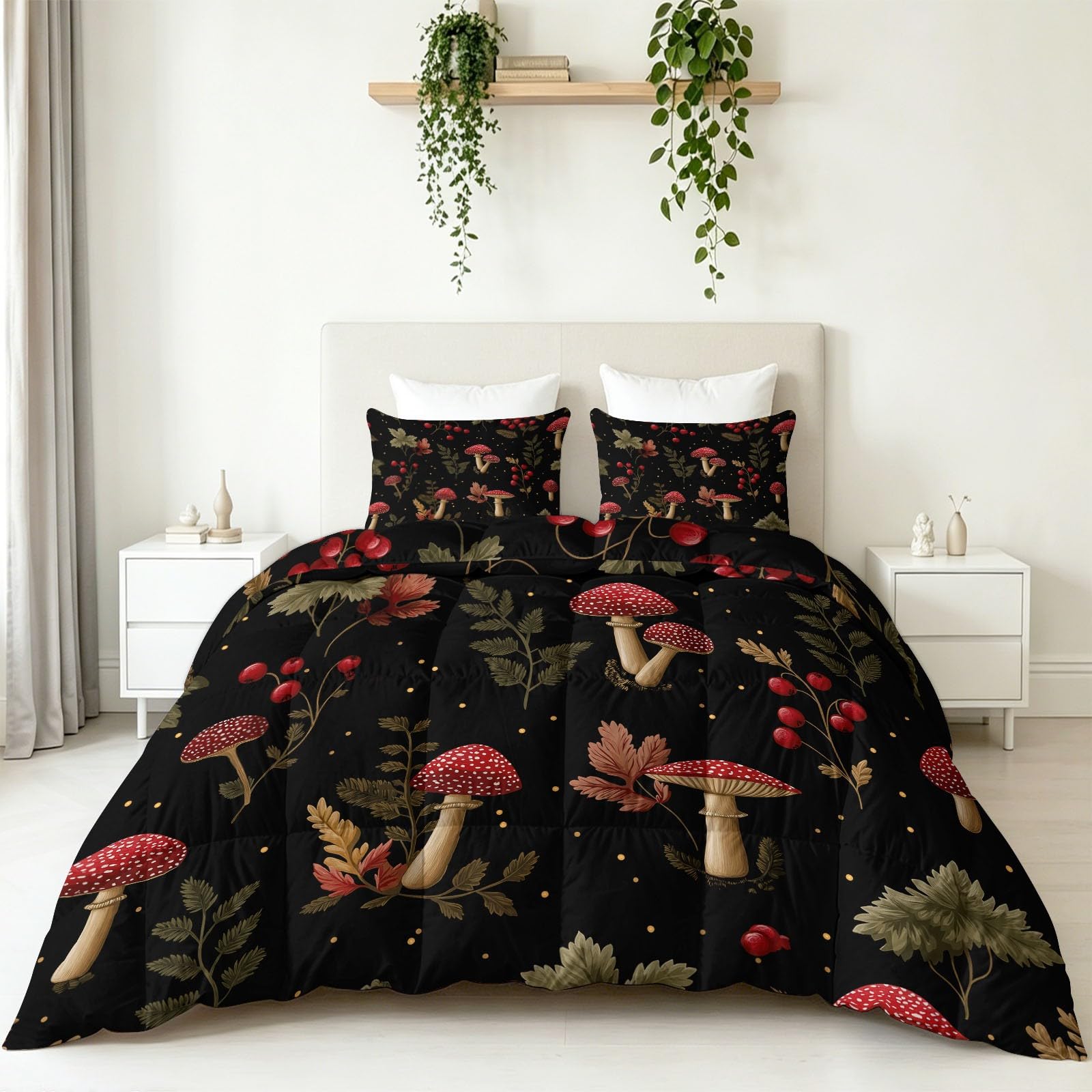 Wald Farnpflanze Roter Pilz Beeren Bettdecke 220 x 240 cm 4 Jahreszeiten, Vintage Rustikal Weich Leicht Bettdecke Ohne Bezug Warm Steppdecke Ganzjahresdecke Kühldecke Mit 2 Kissenbezug