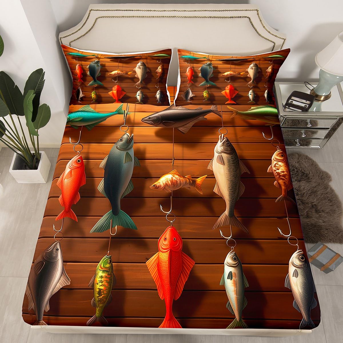 Castle Fairy Fish Bait Sheet Set Queen Size Fishing Lure Bedding Set 4Pcs Colorful Ocean Sealife Bed Sheet for Kids Girls Boys Teens Rustic Fisherman Style Fitted + Flat Sheet,2 Pillowcases